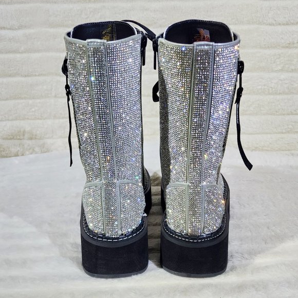 Super Sparkle Iridescent Rhinestone Platform Combat Mid Calf Boots 362 Emily - Picture 5 of 17